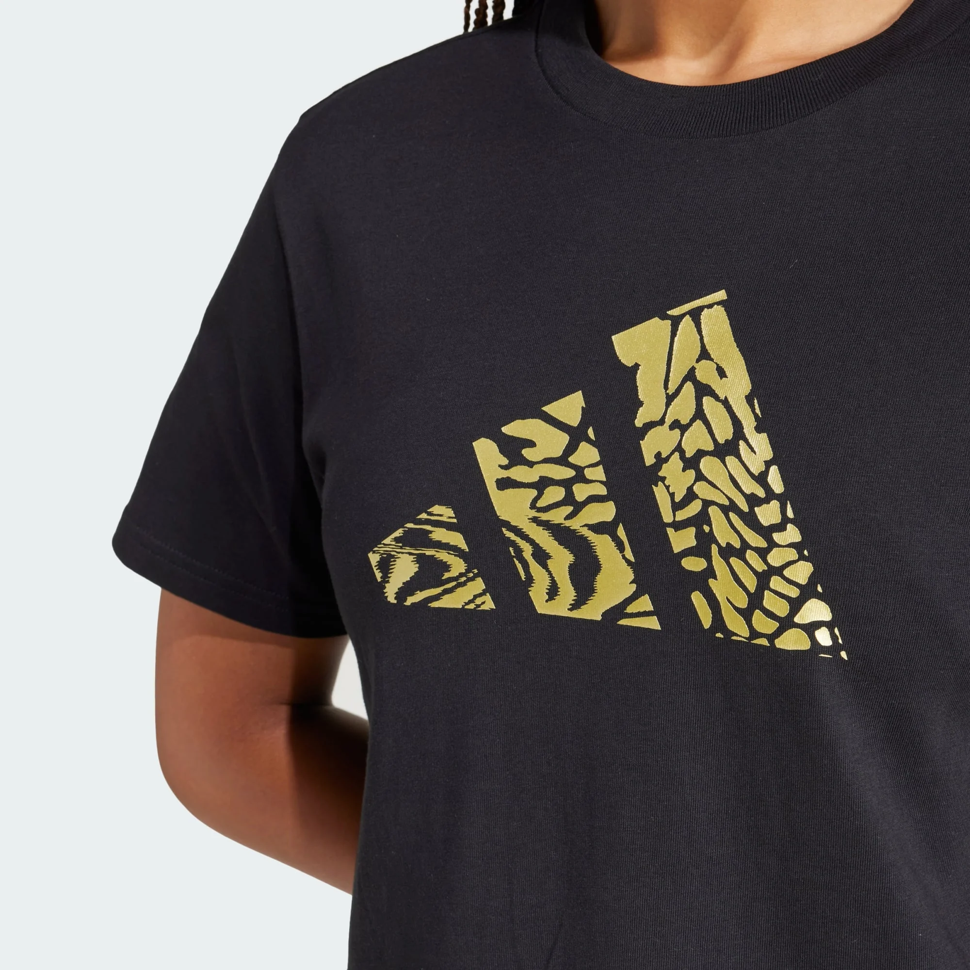 Adidas Women's Tech Metallic Graphic Black/Gold Tee - Image 5